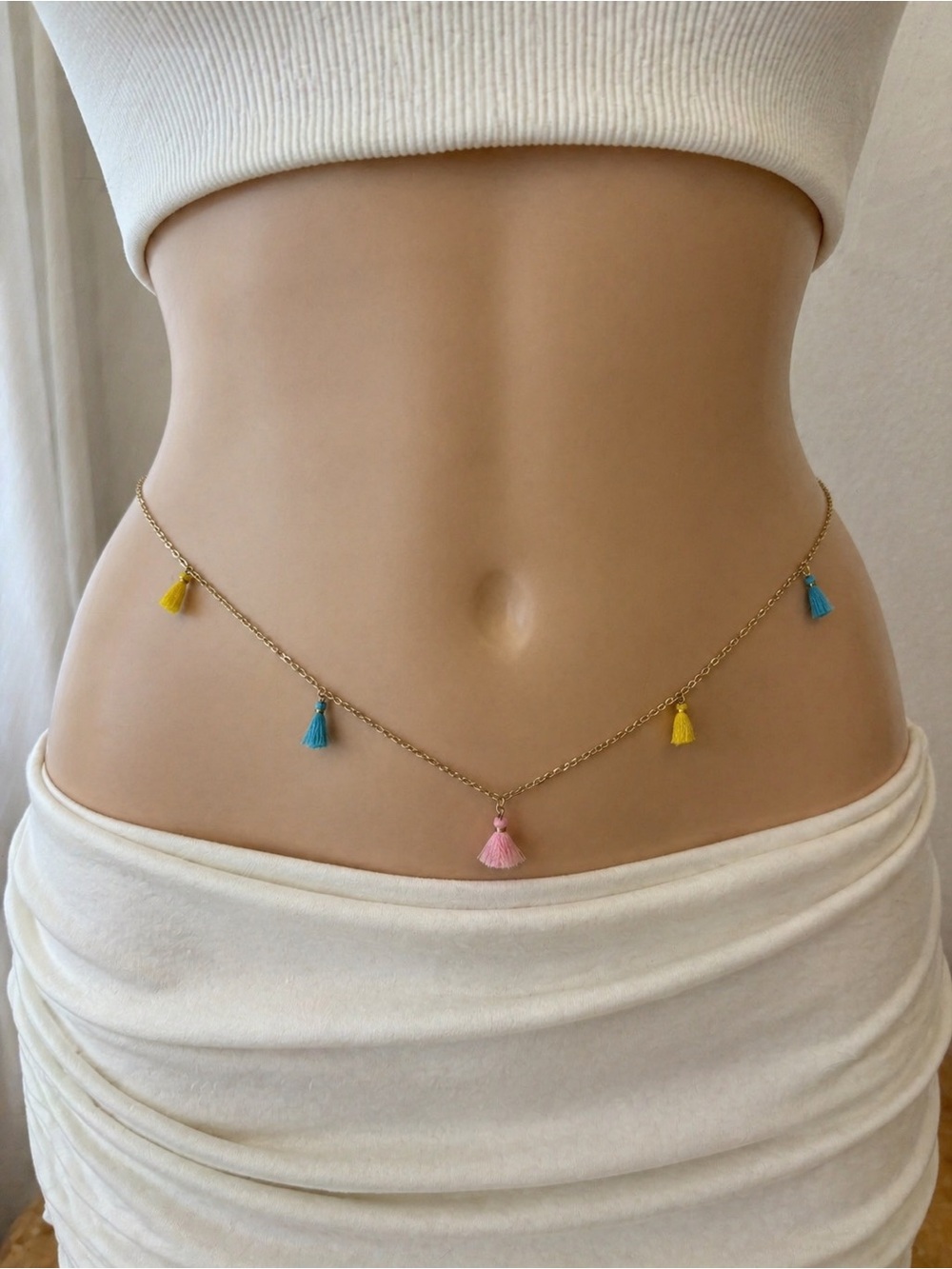 Delicate Multicolor Tassel Gold Waist Chain - Women's Body Jewelry